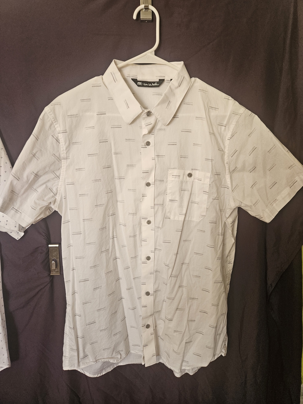 Travis Mathew White Short-Sleeve Button-Down with Subtle Gray Stripe (NWOT)